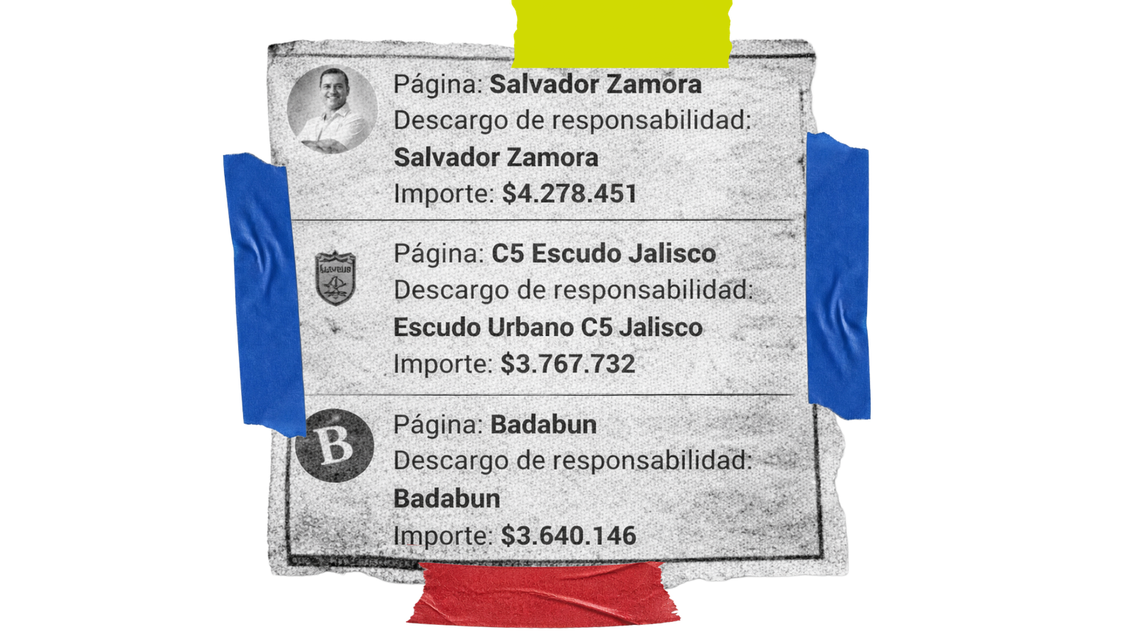 Recorte con los importes de Salvador Zamora, C5 Escudo Jalisco y Badabun en el reporte de Meta.