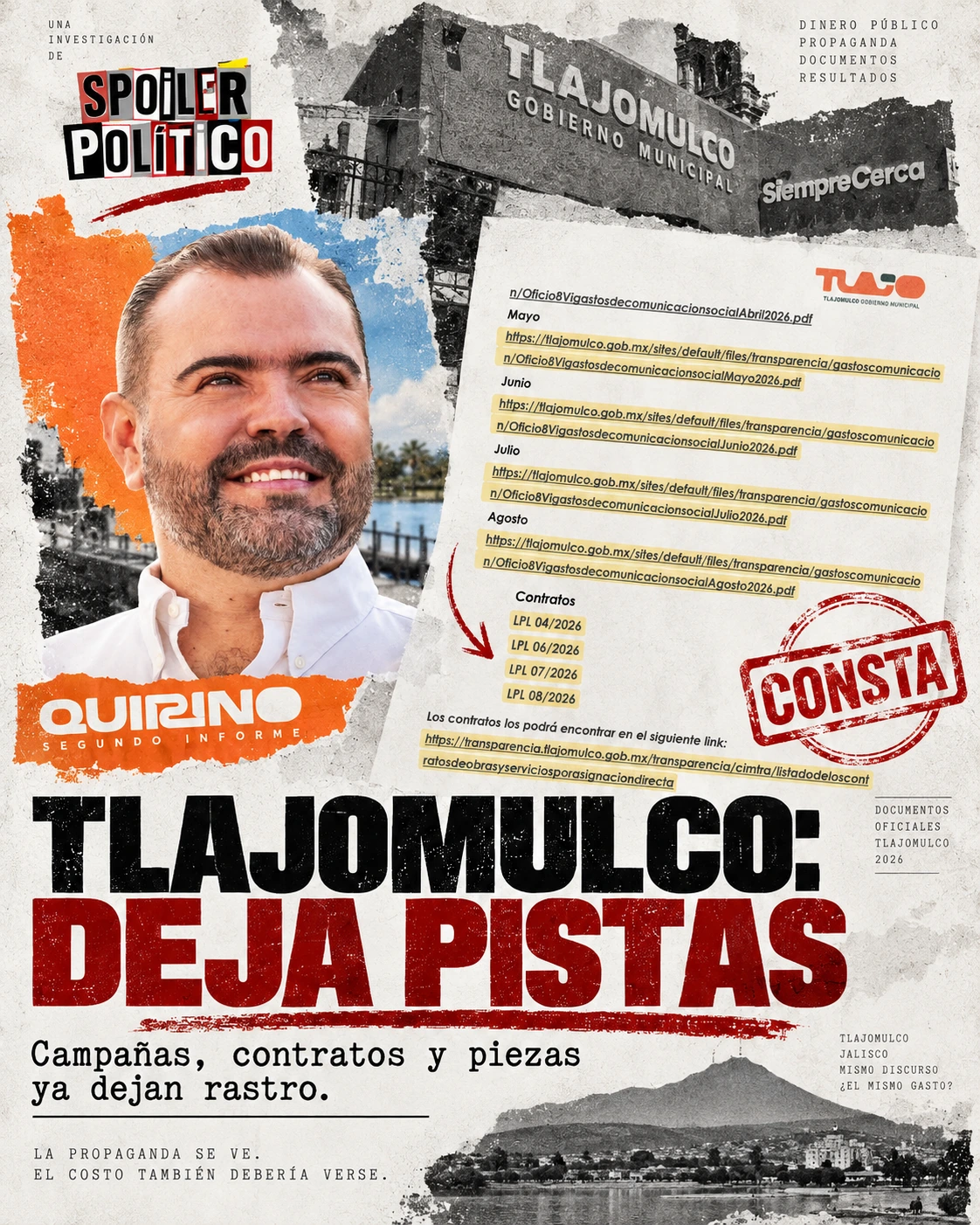 Fotografía real y respuesta de Tlajomulco con rutas de gasto y contratos de comunicación.
