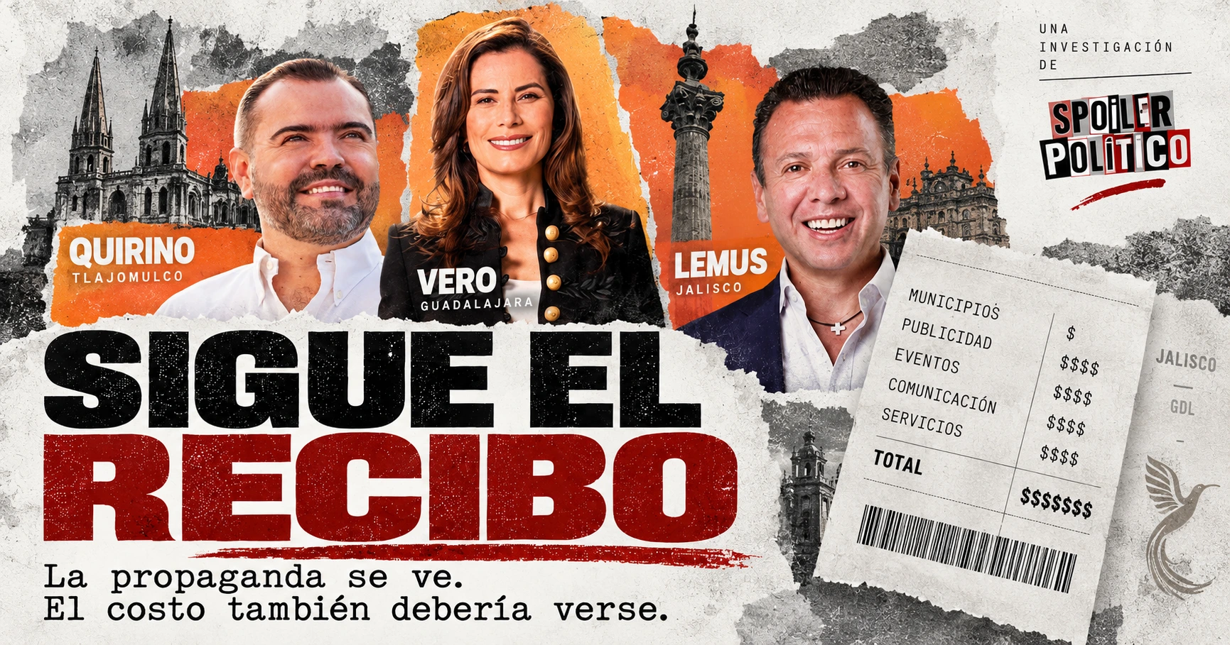 Composición editorial horizontal sobre comunicación gubernamental, documentos y seguimiento del dinero público.