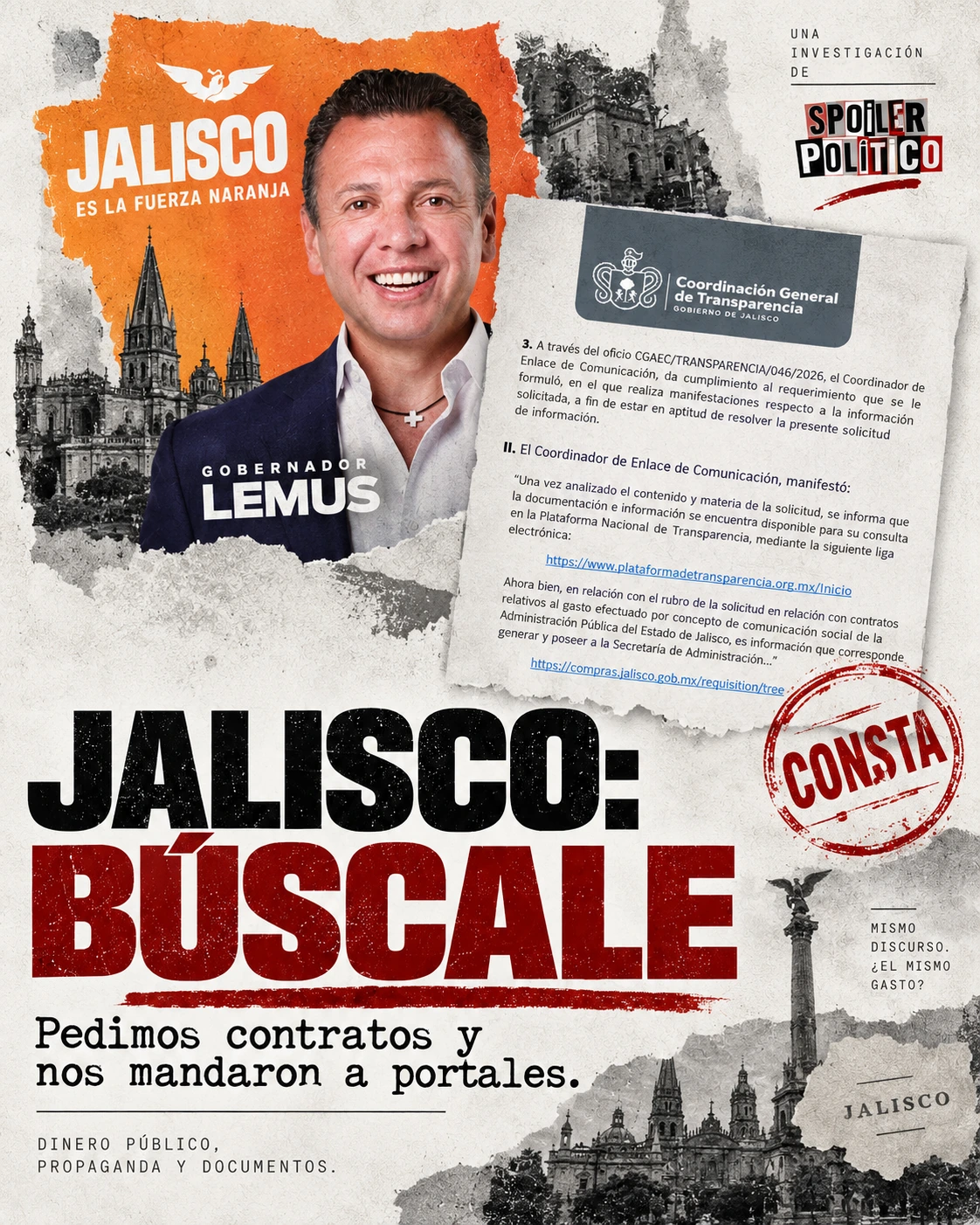 Fotografía real y fragmento documental de la respuesta del Gobierno de Jalisco.