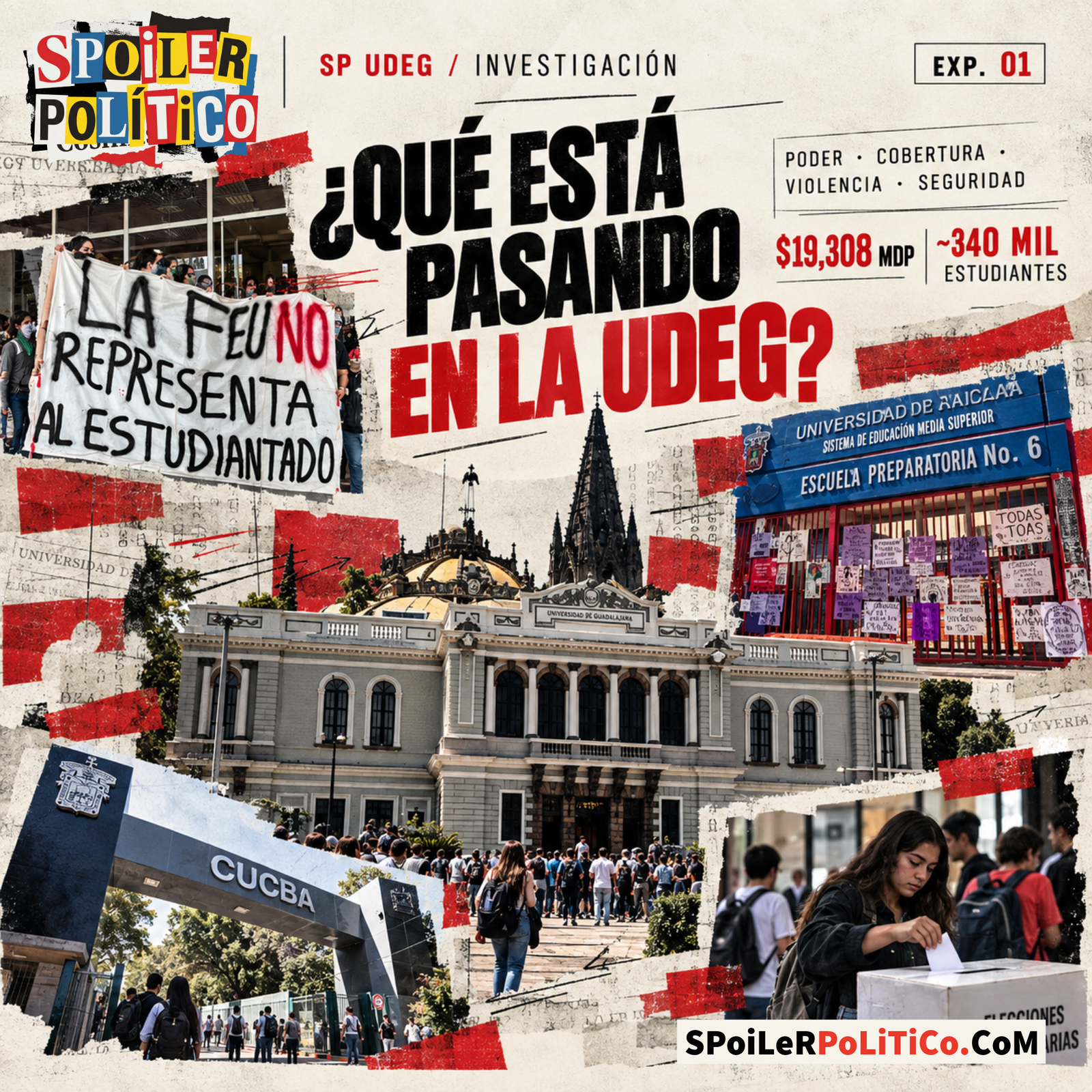 Collage con Rectoría, protesta estudiantil, Preparatoria 6 y CUCBA.